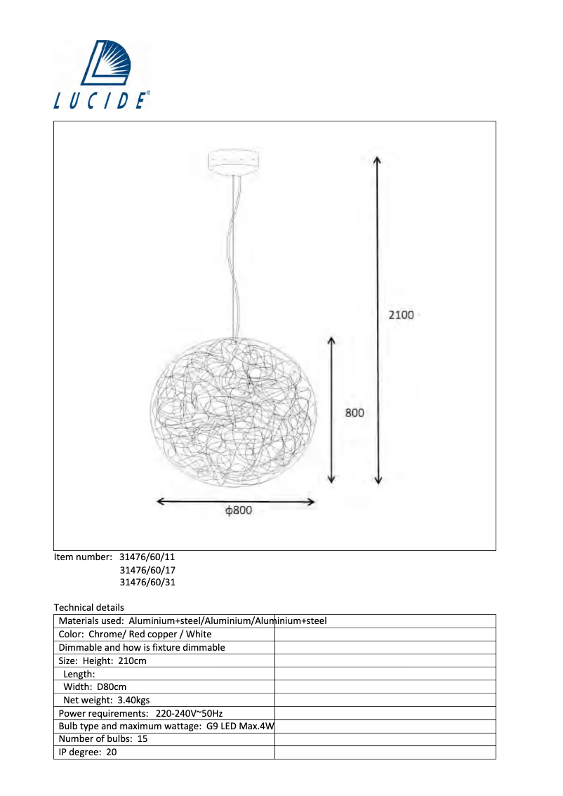 Page 1 de la notice Manuel utilisateur Lucide Galileo 31476/60/31