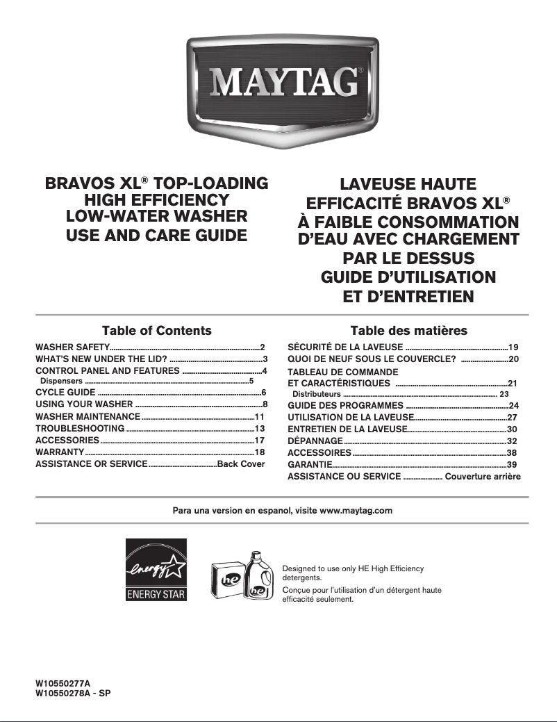 Page 1 de la notice Manuel utilisateur Maytag MVWB700BW Bravos