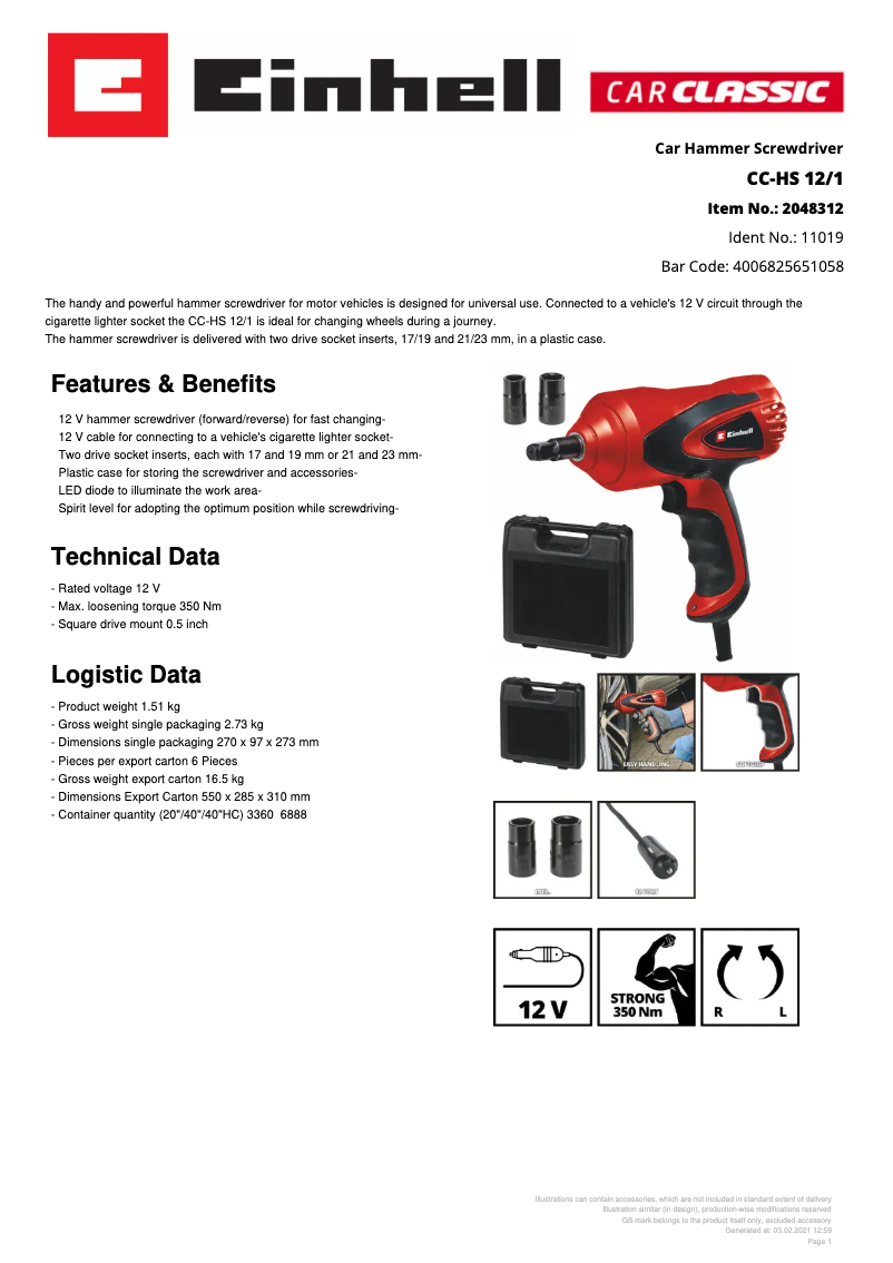 Page 1 de la notice Fiche technique Einhell CC-HS 12/1