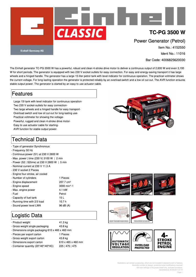 Page 1 de la notice Fiche technique Einhell TC-PG 3500 W