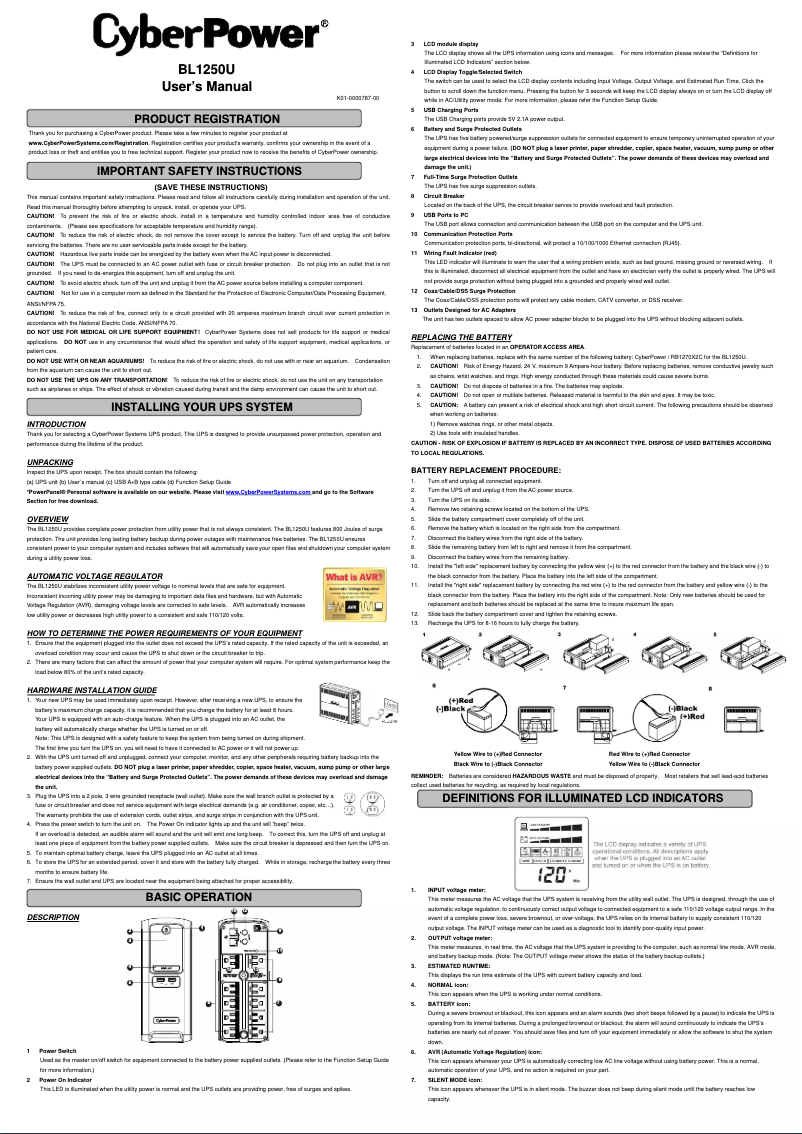 Page 1 de la notice Manuel utilisateur CyberPower BL1250U