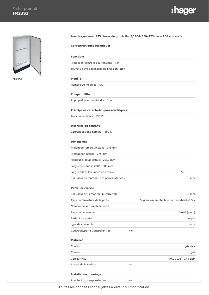 Page n°1 - Fiche technique Hager FR23S2