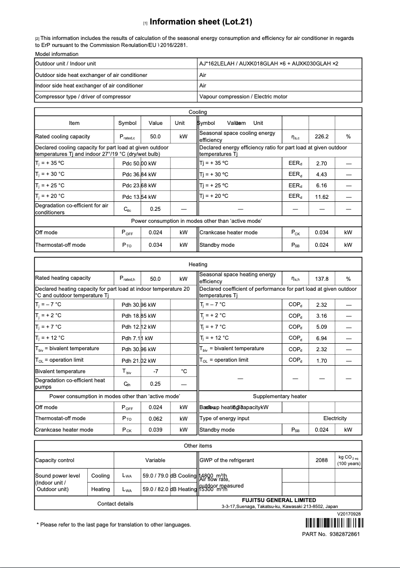 Page 1 de la notice Fiche technique Fujitsu Airstage AJH162LELAH