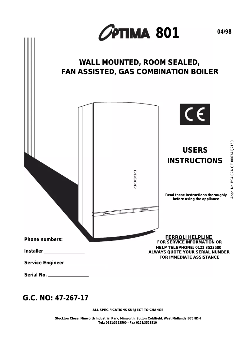 Page n°1 - Manuel utilisateur Ferroli Optima 801