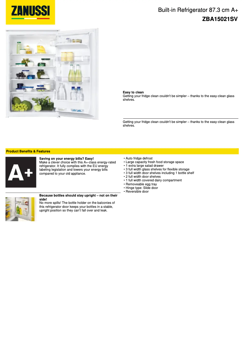 Page 1 de la notice Fiche technique Zanussi ZBA15021SV