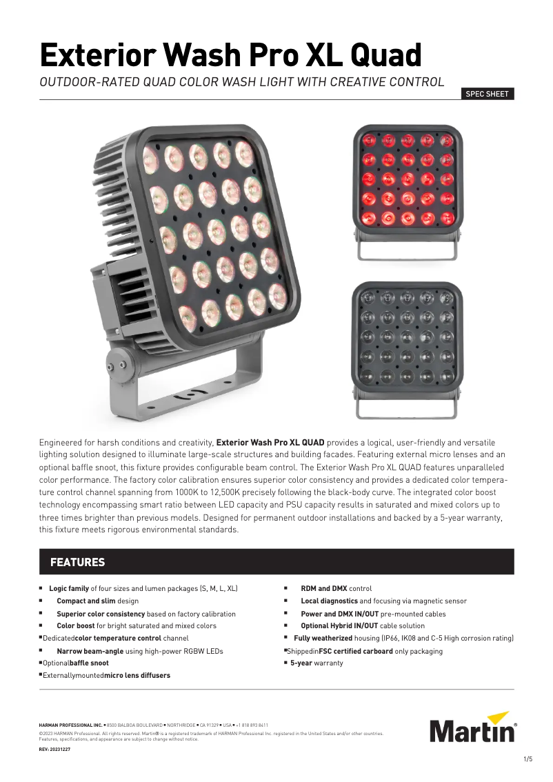 Page 1 de la notice Fiche technique Martin Exterior Wash Pro XL QUAD