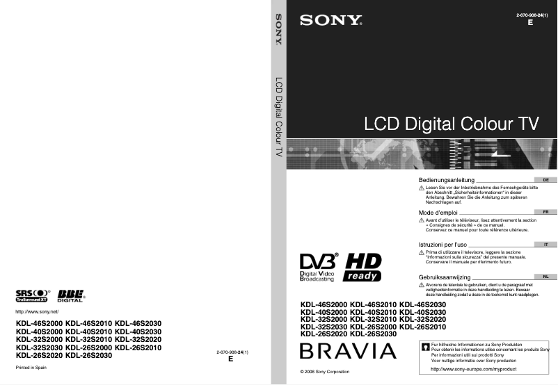 Page 1 de la notice Manuel utilisateur Sony Bravia KDL-40S2030