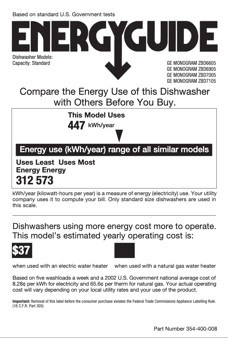 Page 1 of the manual Energy Label GE ZBD7005GII
