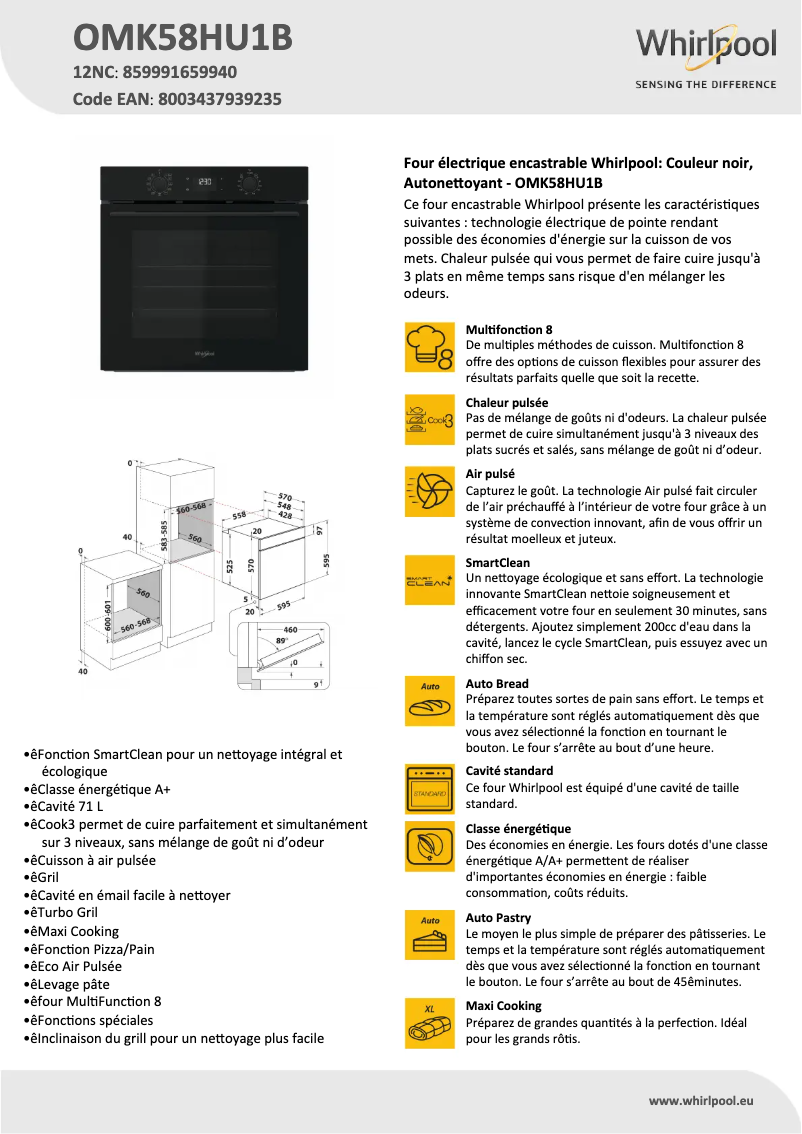 Page 1 de la notice Fiche technique Whirlpool OMK58HU1B