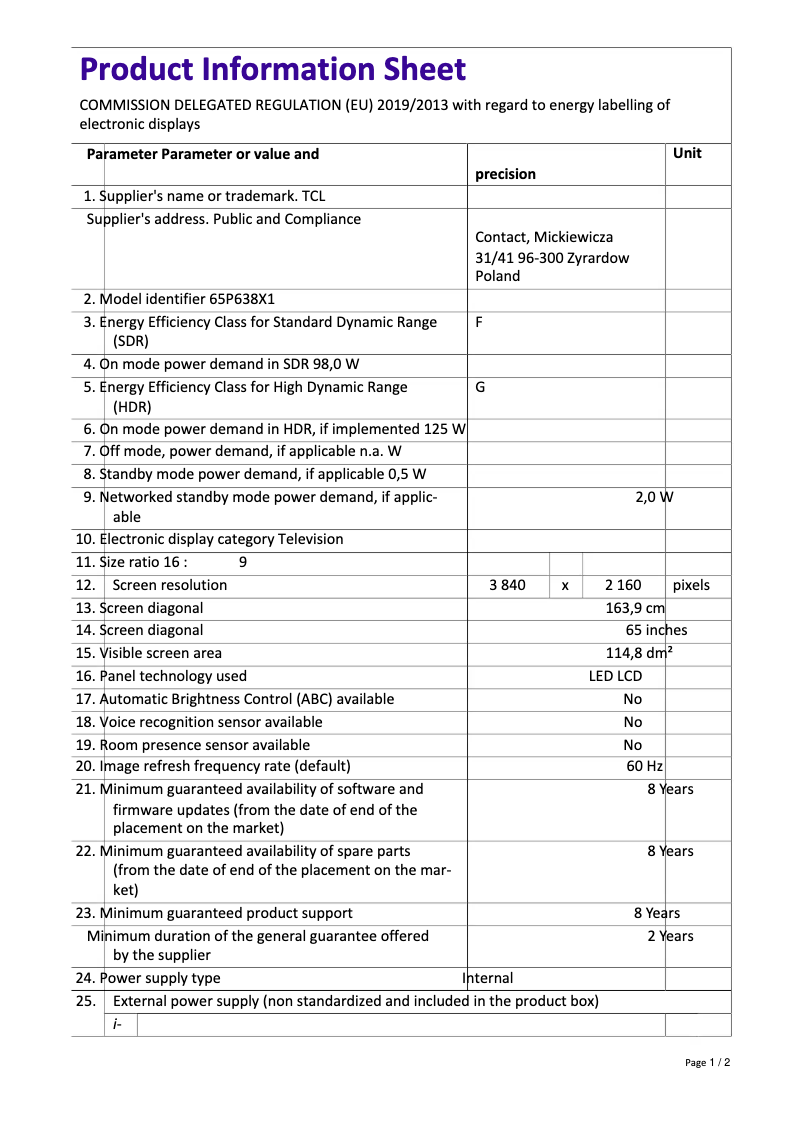 Page n°1 - Fiche technique TCL 65P638