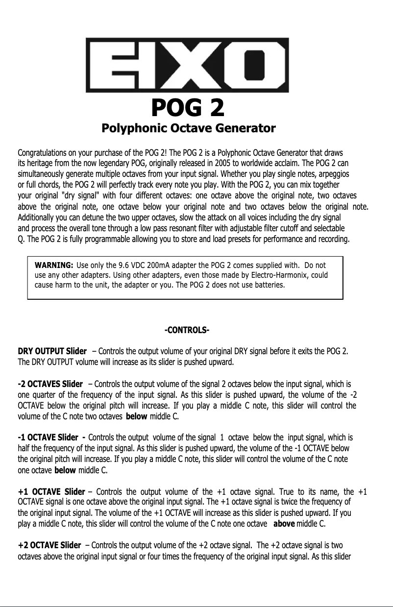 Page 1 de la notice Manuel utilisateur Electro Harmonix POG 2