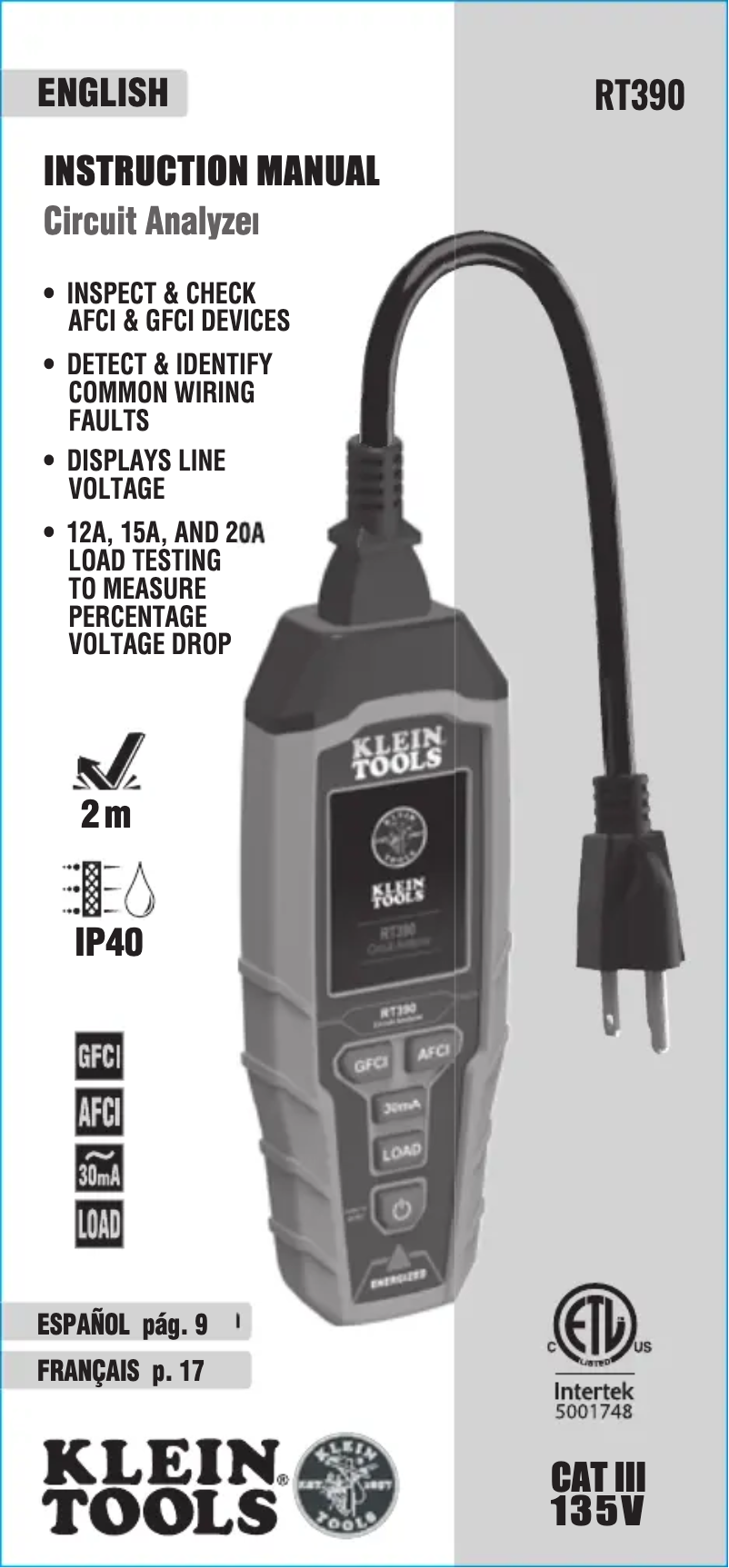 Page 1 de la notice Manuel utilisateur Klein Tools RT390