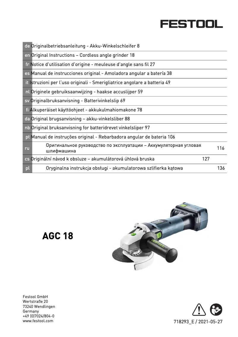 Page 1 de la notice Manuel utilisateur Festool AGC 18