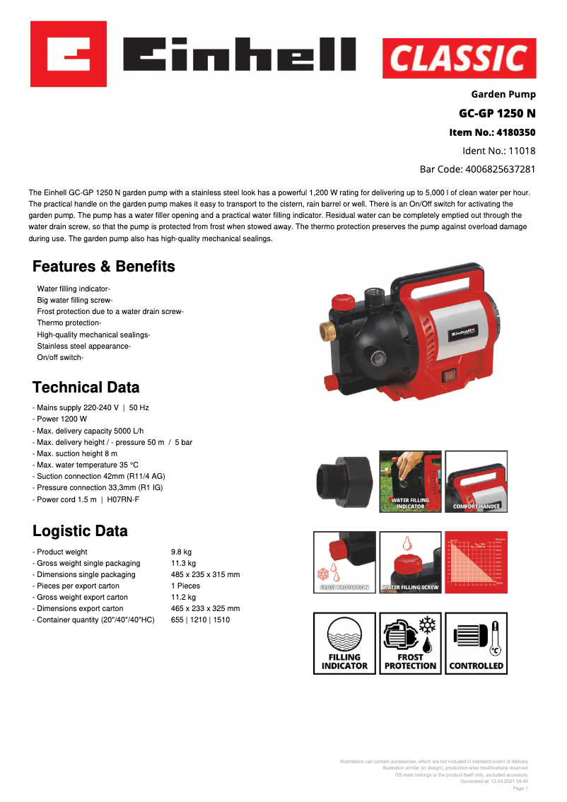 Page n°1 - Fiche technique Einhell GC-GP 1250 N