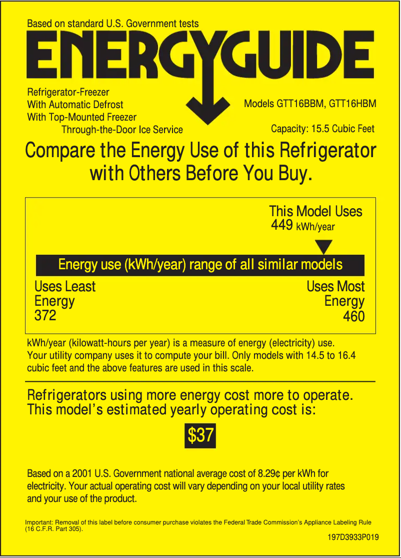 Page 1 de la notice Label énergétique GE GTT16BBMWW