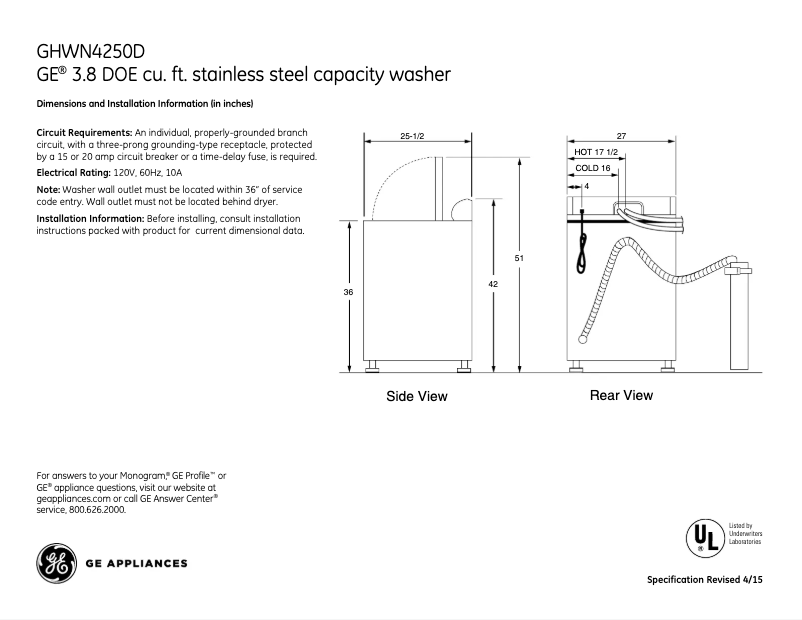 Page 1 de la notice Fiche technique GE GHWN4250DWW