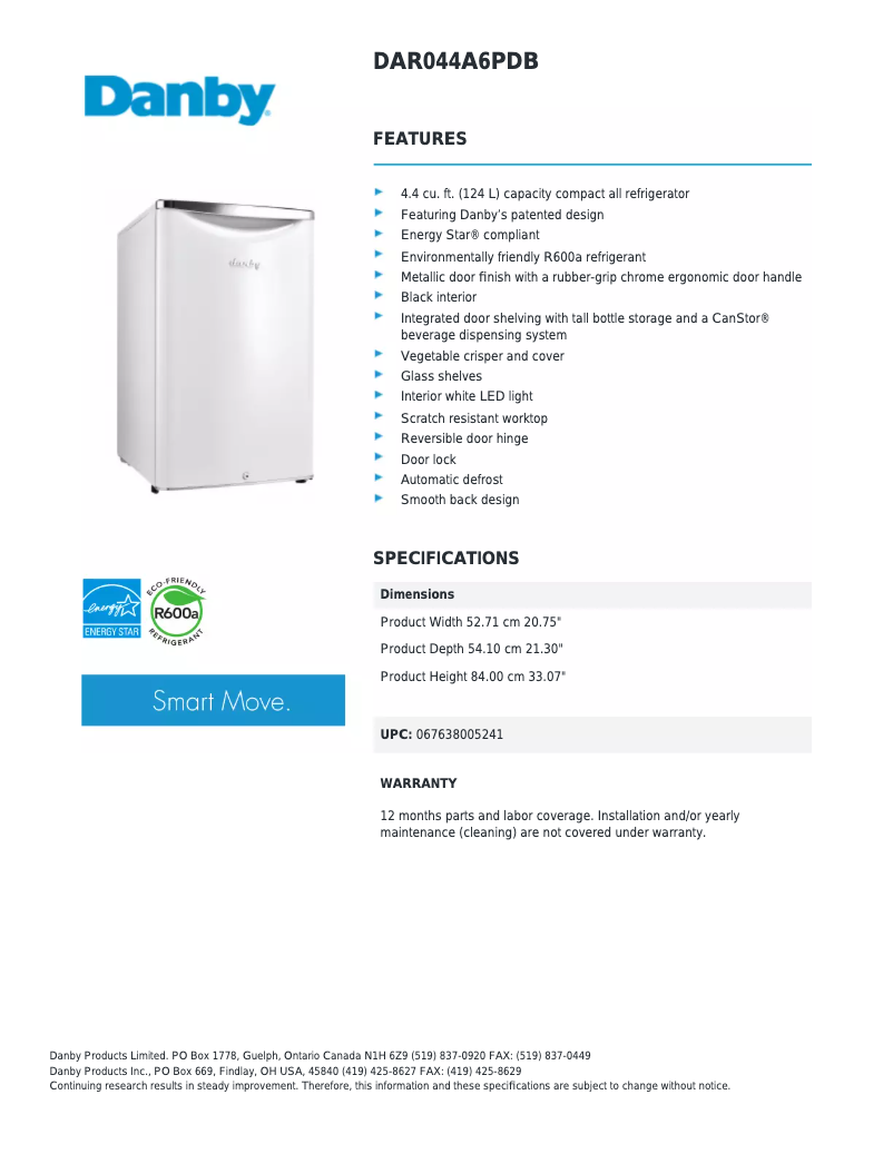 Page 1 de la notice Fiche technique Danby DAR044A6PDB
