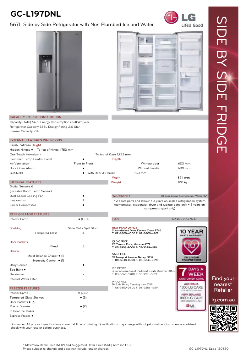 Page 1 de la notice Fiche technique LG GC-L197DNL