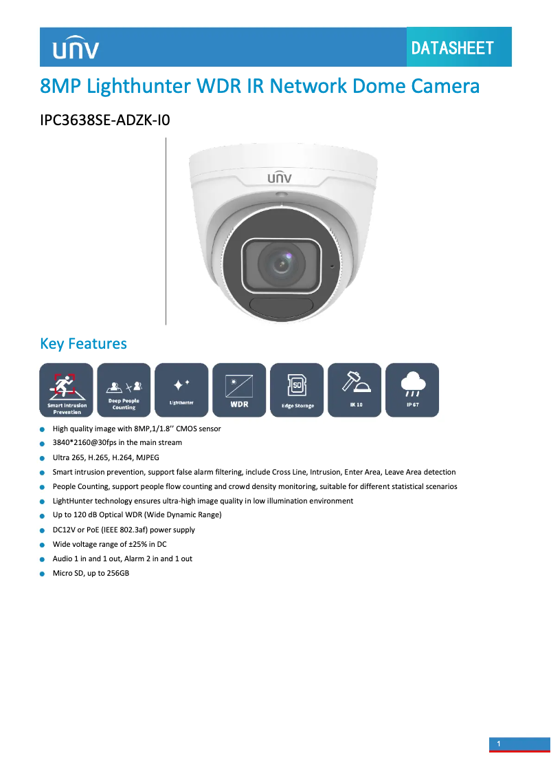 Page 1 de la notice Fiche technique UniView IPC3638SE-ADZK-I0
