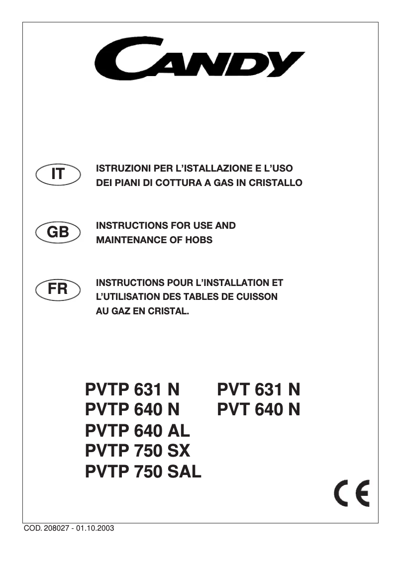 Page 1 de la notice Manuel utilisateur Candy PVT631N