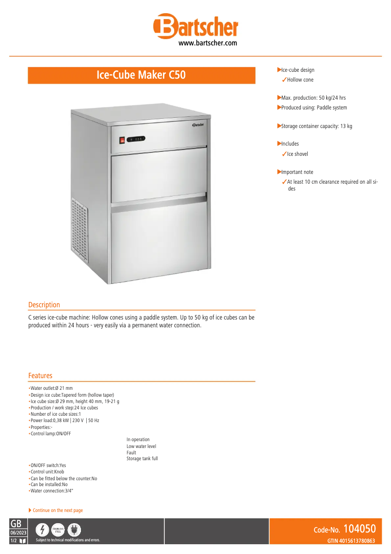 Page 1 de la notice Fiche technique Bartscher C50
