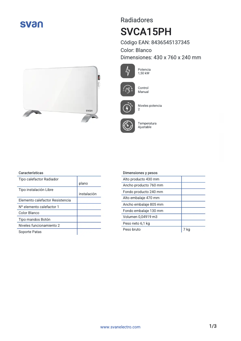 Page 1 de la notice Fiche technique SVAN SVCA15PH