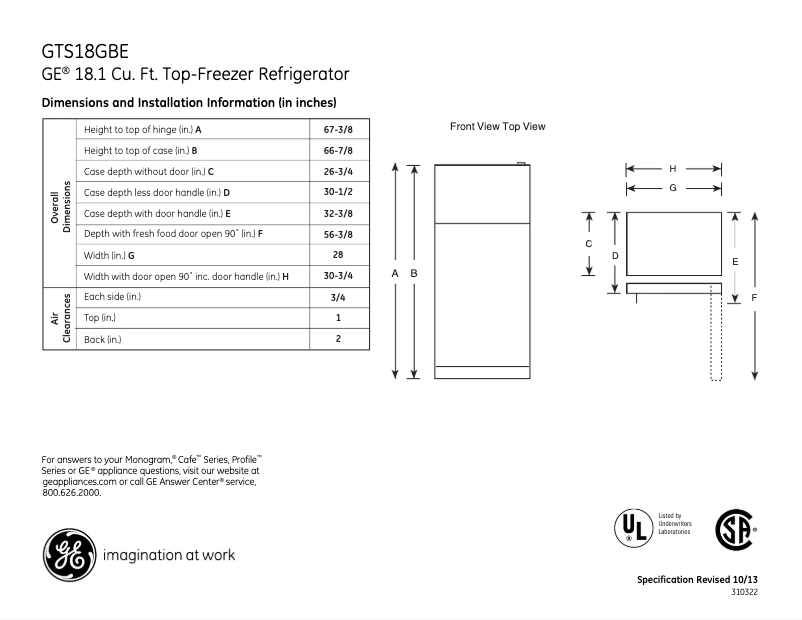 Page 1 de la notice Fiche technique GE GTS18GBEBB