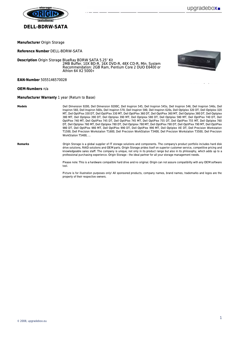 Page n°1 - Manuel utilisateur Origin Storage DELL-BDRW-SATA