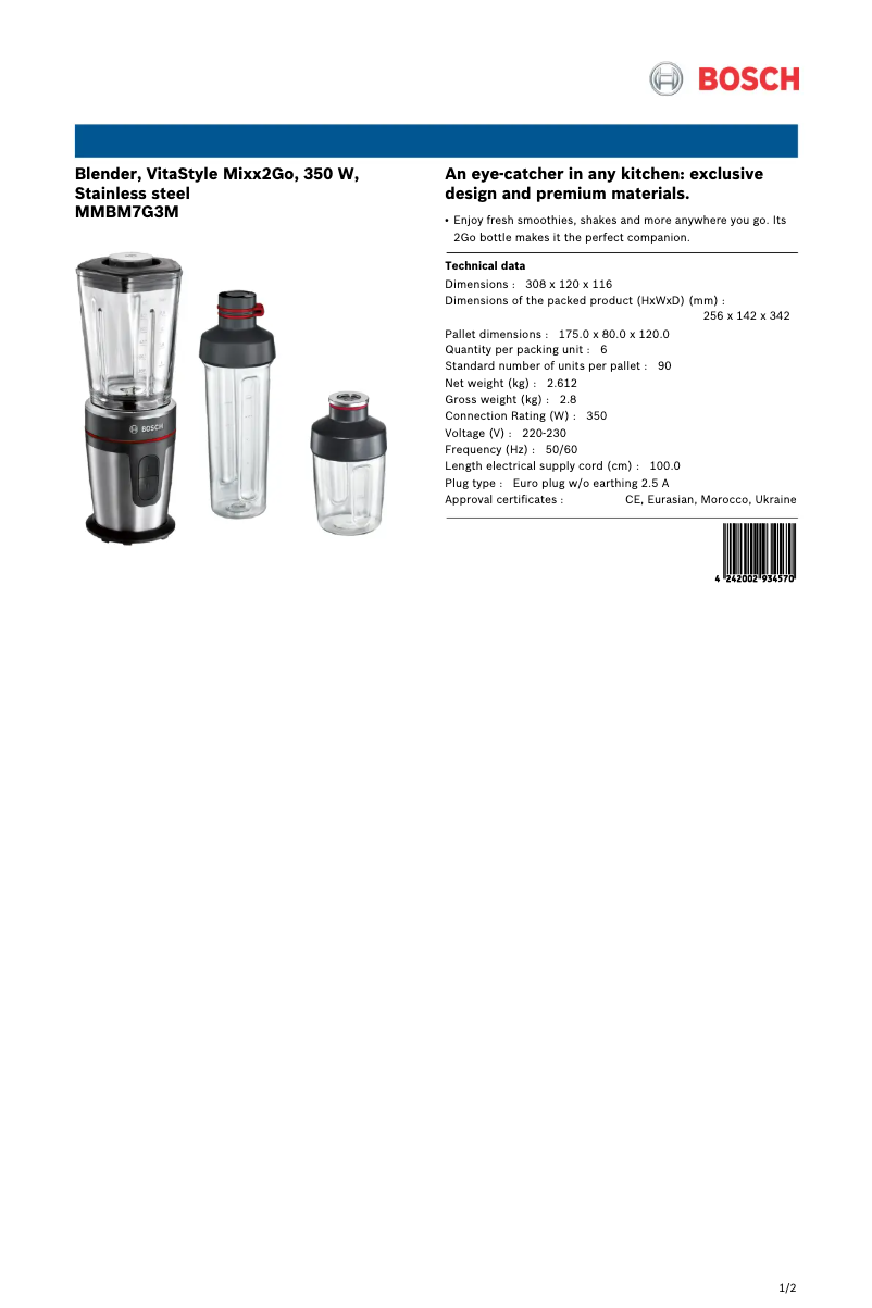 Page 1 de la notice Fiche technique Bosch VitaStyle MMBM7G3M