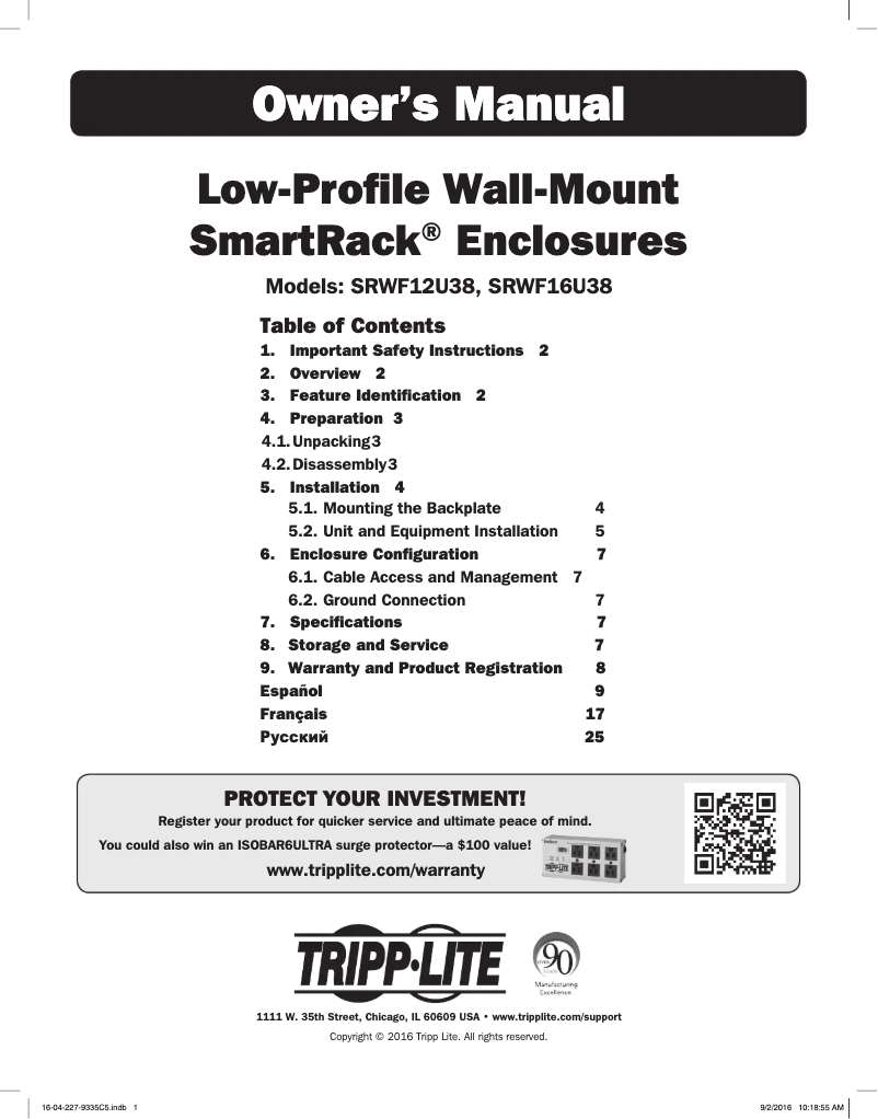 Image de la première page du manuel de l'appareil SmartRack SRWF16U38