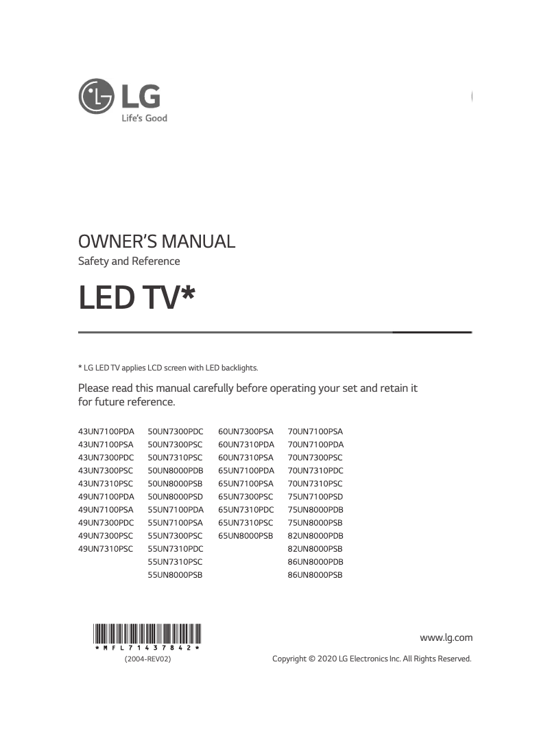 Image de la première page du manuel de l'appareil 49UN7300PSC