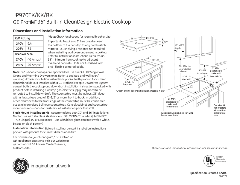 Page n°1 - Fiche technique GE Profile JP970KKCC