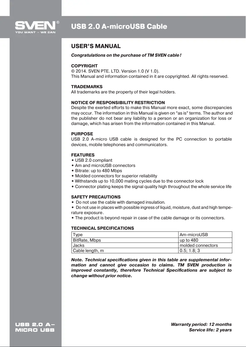 Page 1 de la notice Manuel utilisateur Sven USB 2.0 A-micro USB