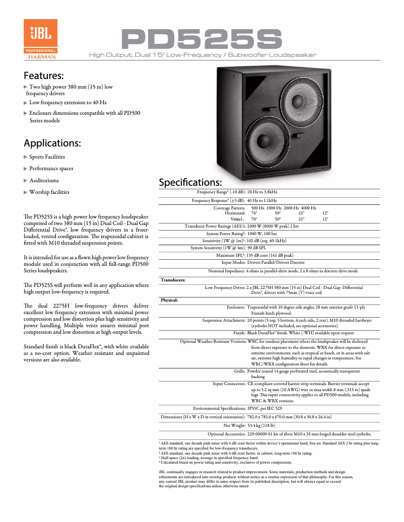 Page n°1 - Fiche technique JBL PD525S