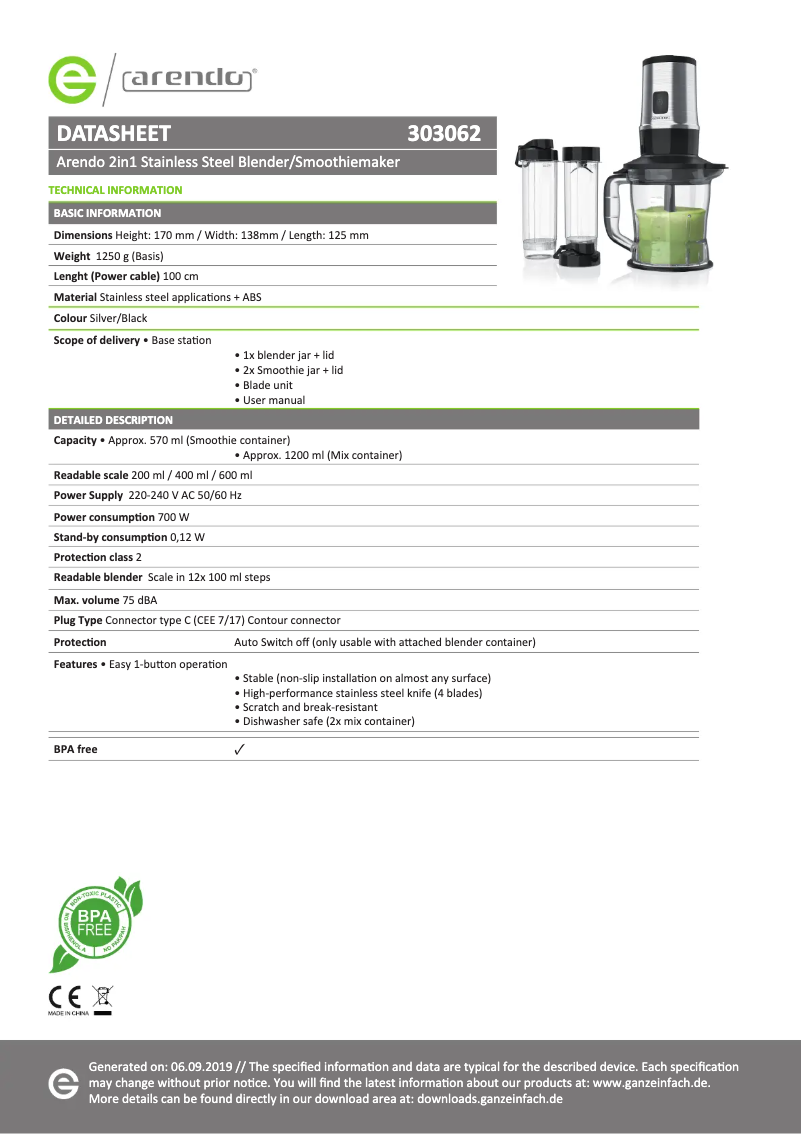 Page 1 de la notice Fiche technique Arendo 2In1 Mixer 303062