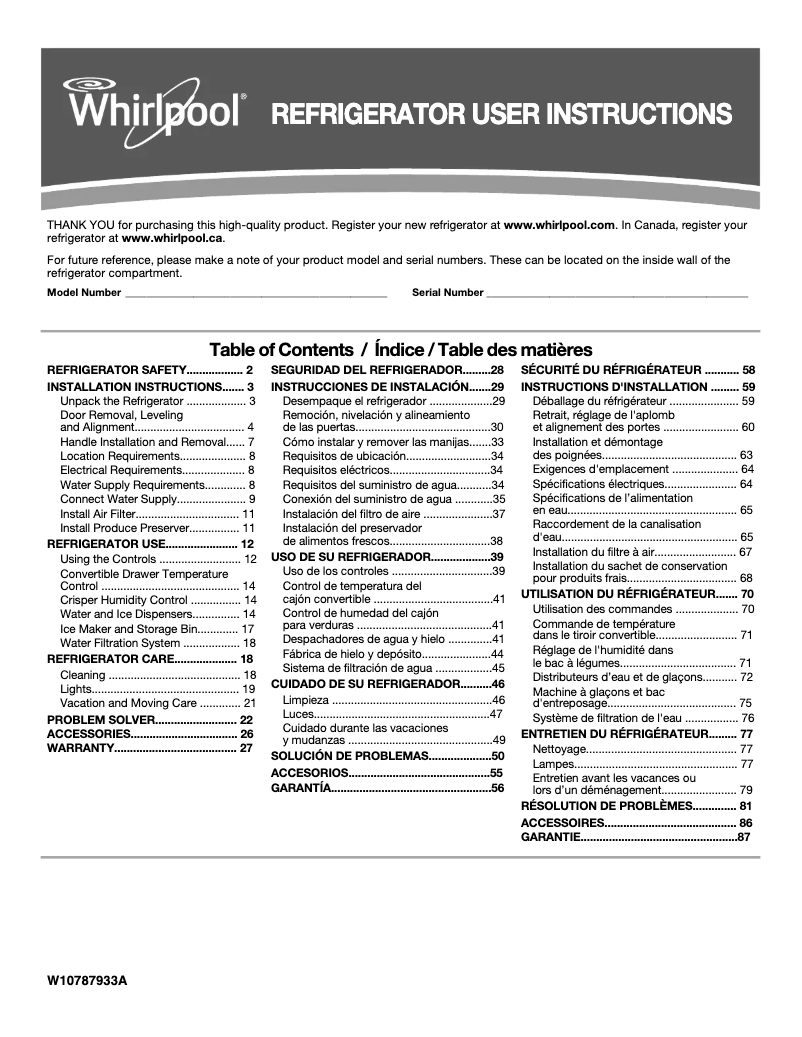 Page 1 de la notice Manuel utilisateur Whirlpool WRS588FIHZ