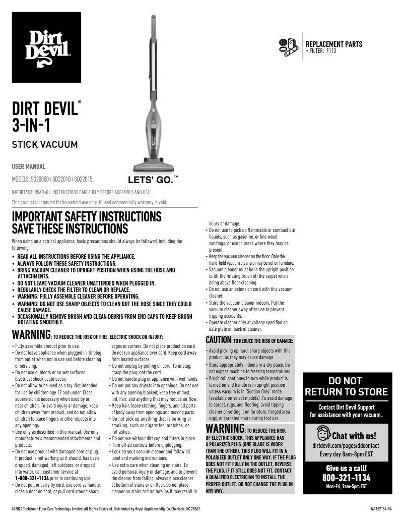 Page 1 de la notice Manuel utilisateur Dirt Devil Versa Clean