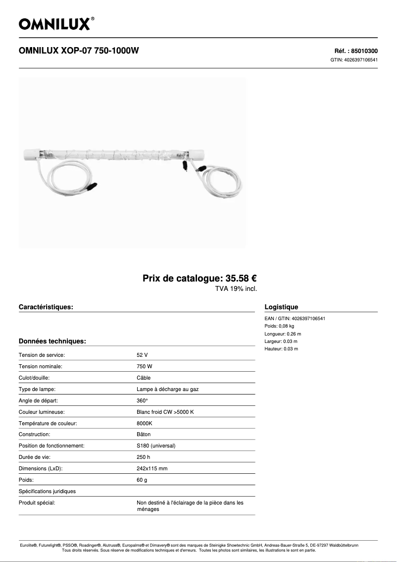Page 1 de la notice Fiche technique Omnilux XOP-07 750-1000W
