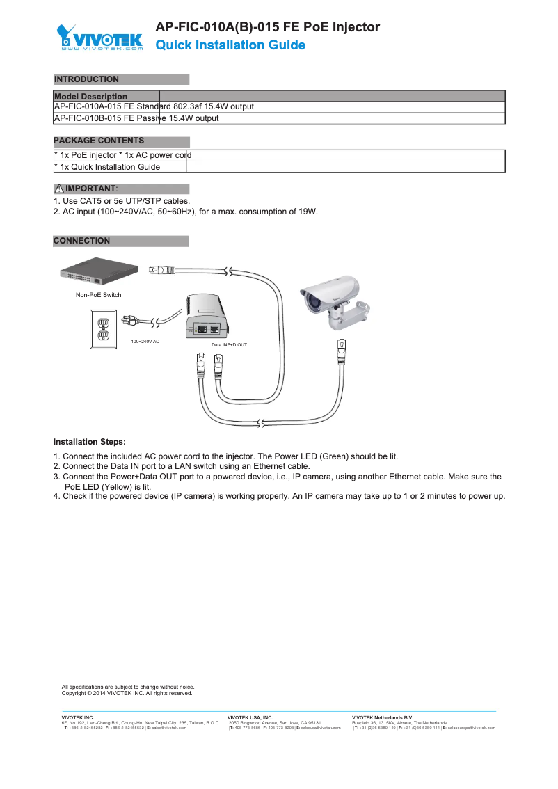 Page 1 of the manual Installation Guide Vivotek AP-FIC-010A-015