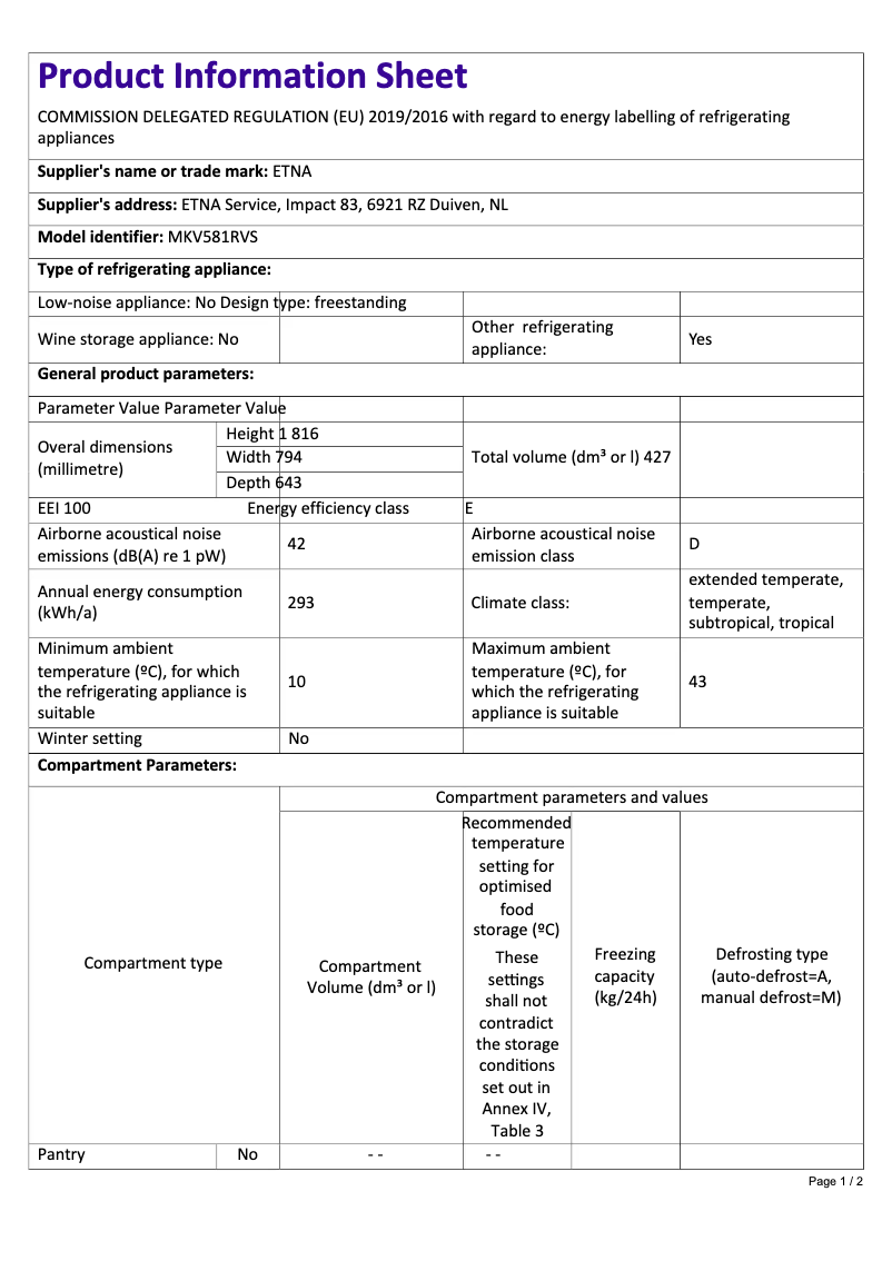 Page 1 de la notice Fiche technique Etna MKV581RVS